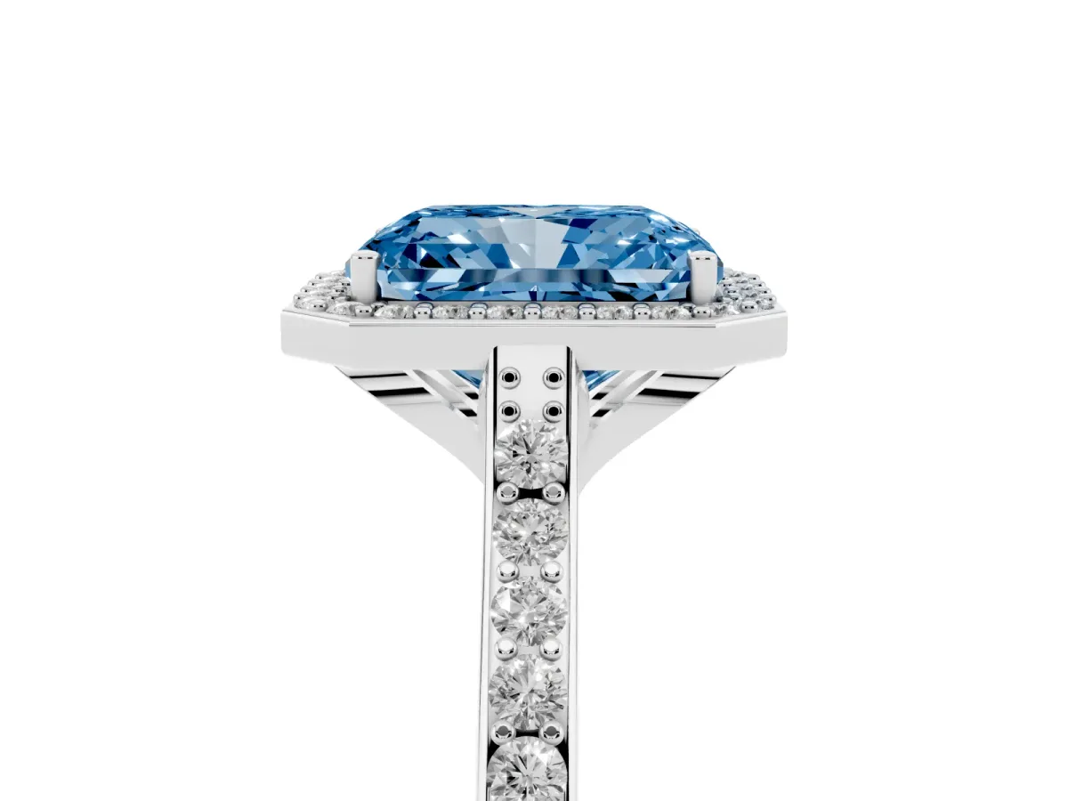 Fancy Blue Radiant Cut Diamond Halo Engagement Ring with Round Pavé Shoulders and Prong Setting Platinum