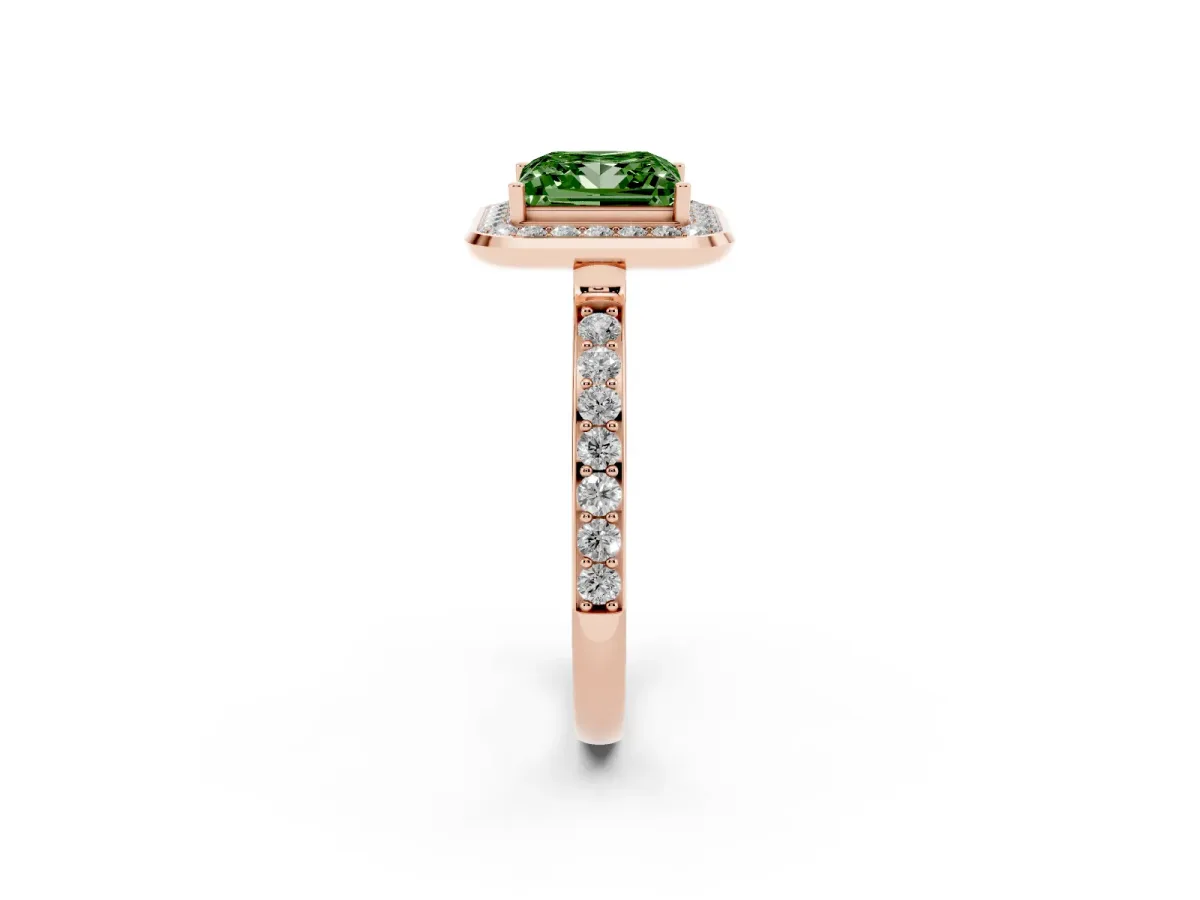 Fancy Green Princess Cut Diamond Halo Ring with Bezel Frame and Pavé Band Rose gold