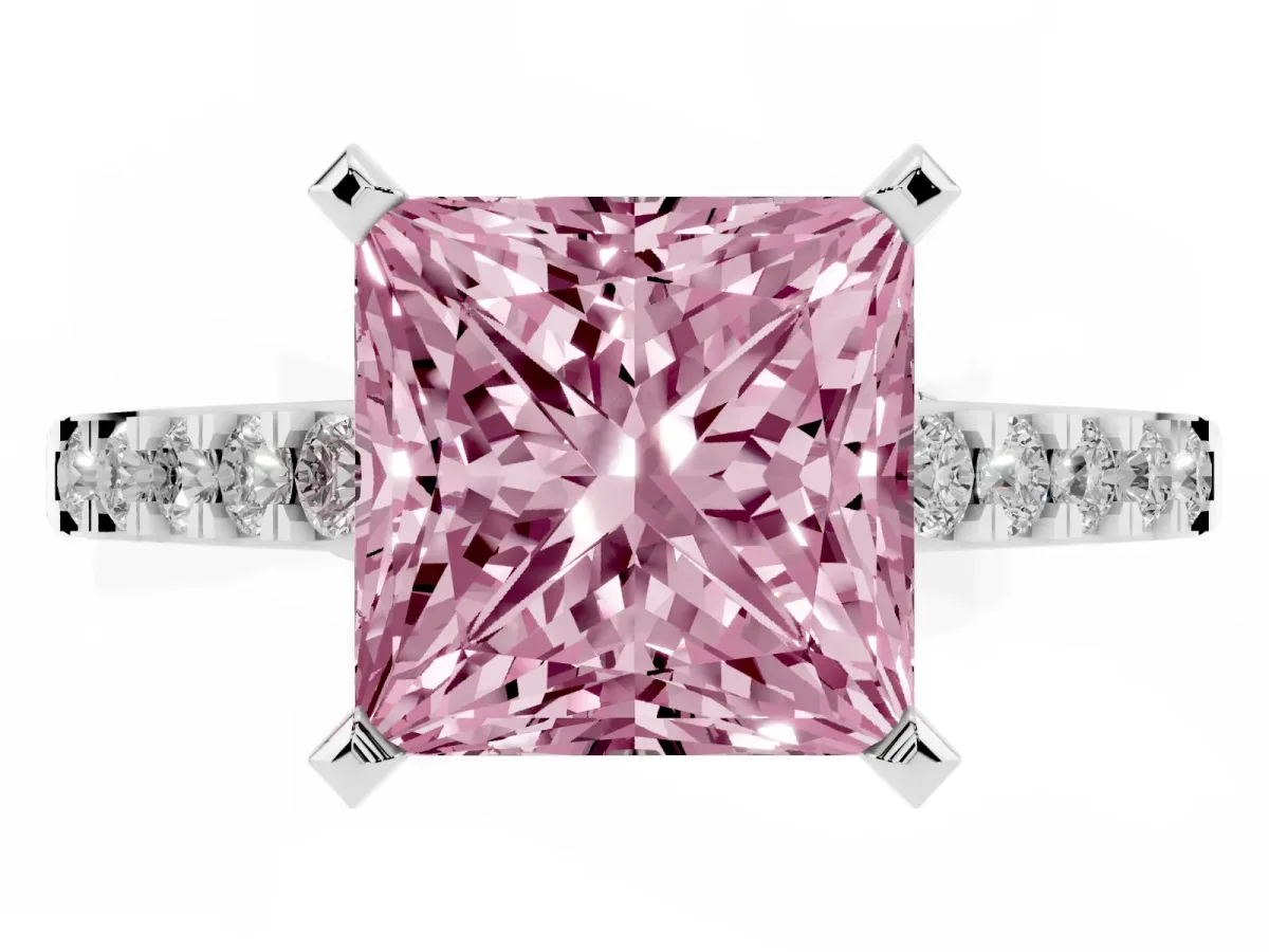 Fancy Pink Princess Cut Diamond Solitaire Ring with Crossover Gallery and Round Pavé Band Silver