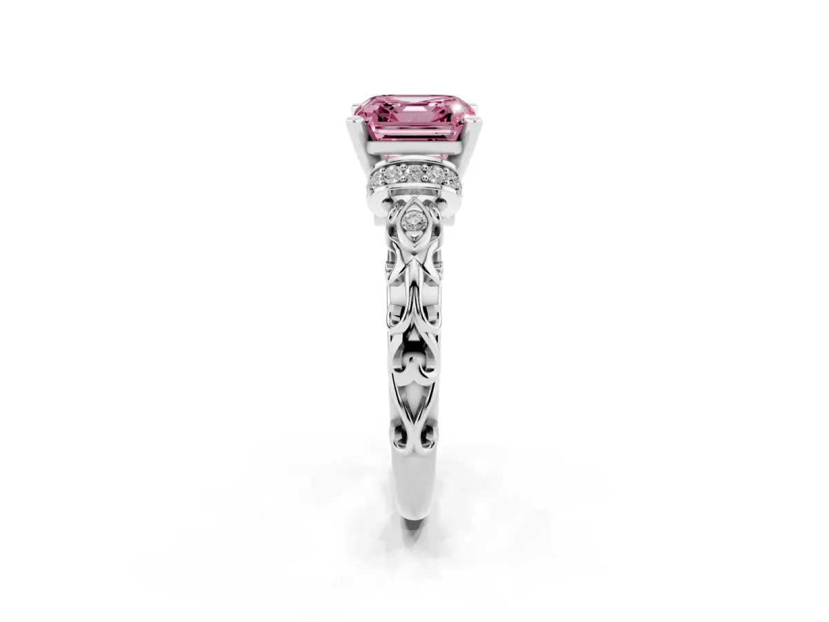Fancy Pink Asscher Cut Diamond Solitaire Ring with Filigree Band and Four-Prong Setting Silver