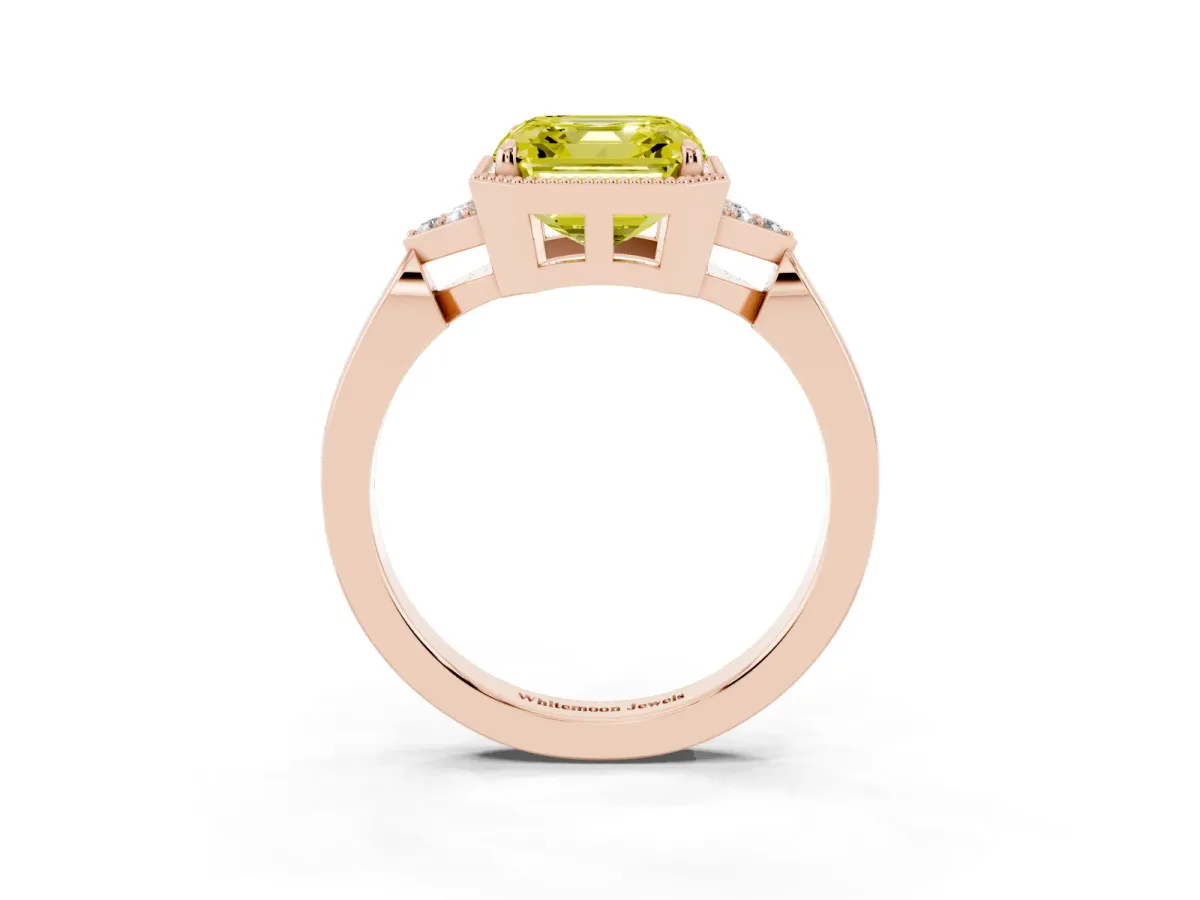 Fancy Yellow Milgrain Asscher Cut Cut Diamond Ring with Tapered Pave Band and Four Prong Setting Rose gold