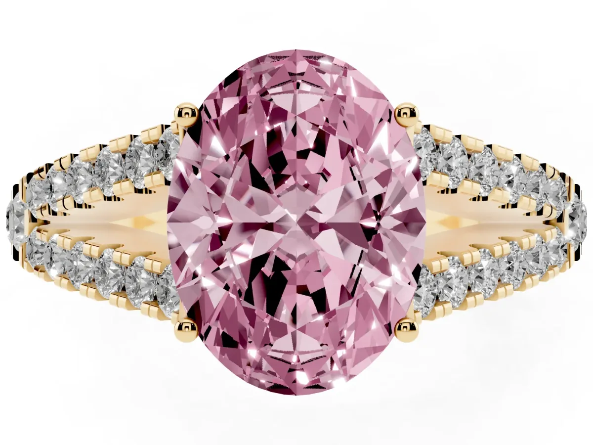 Fancy Pink Oval Cut Diamond Split Shank Pavé Engagement Ring with Four-Prong Setting Yellow gold