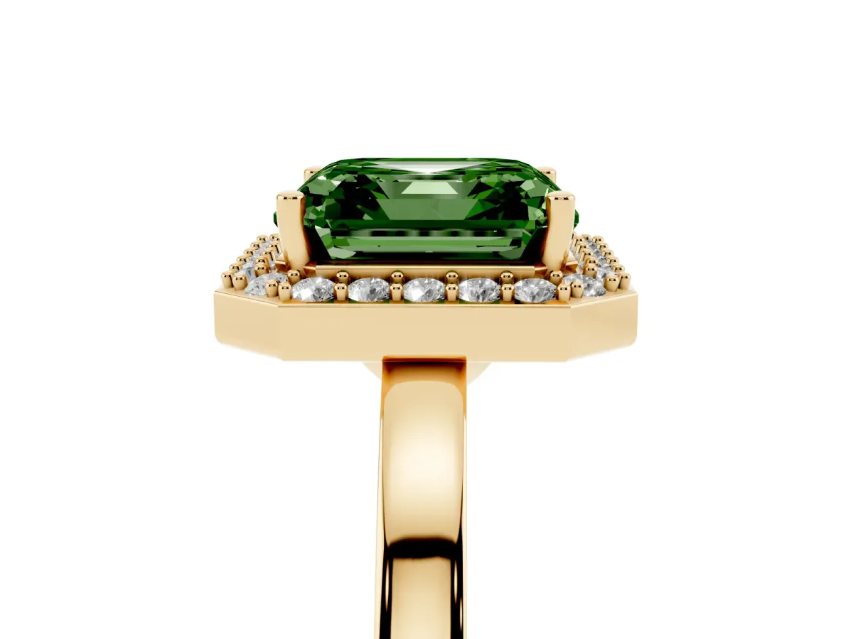 Fancy Green Asscher Cut Halo Diamond Ring with Solitaire Band and Prong Setting Yellow gold