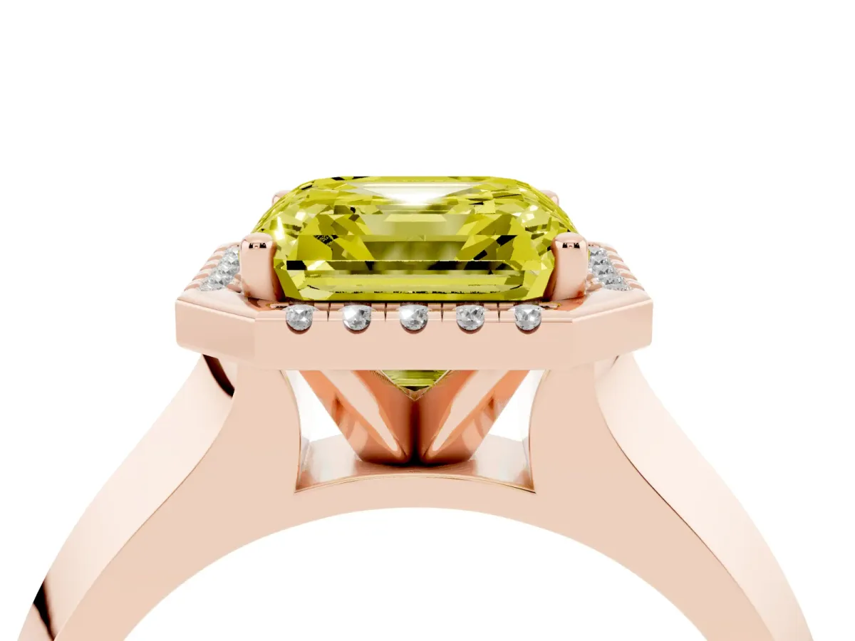 Fancy Yellow Asscher Cut Halo Diamond Ring with Cathedral Band and Four-Prong Setting Rose gold
