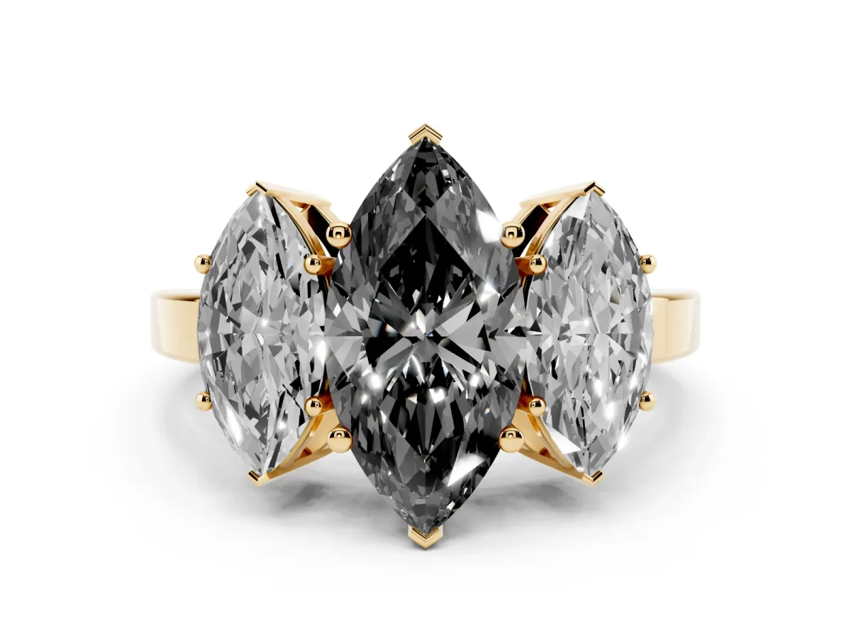 Fancy Black Three-Stone Marquise Cut Cut Diamond Engagement Ring with Flat Band and Four-Prong Setting Yellow gold
