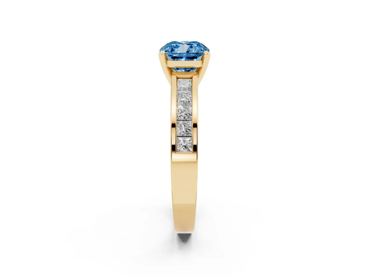 Fancy Blue Cushion Cut Solitaire Diamond Ring with Channel-Set Band and Four-Prong Setting Yellow gold