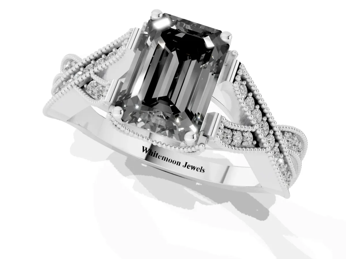Fancy Black Emerald Cut Cut Diamond Twisted Band with Milgrain Pave Setting and Four-Prong Setting Silver