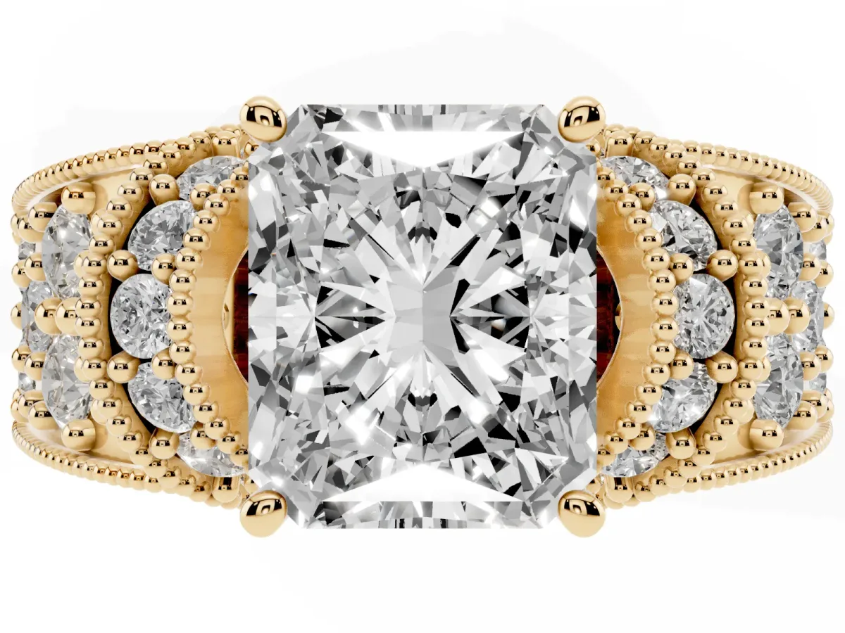 Radiant Cut Halo Pave Diamond Engagement Ring with Milgrain Detailing Yellow gold