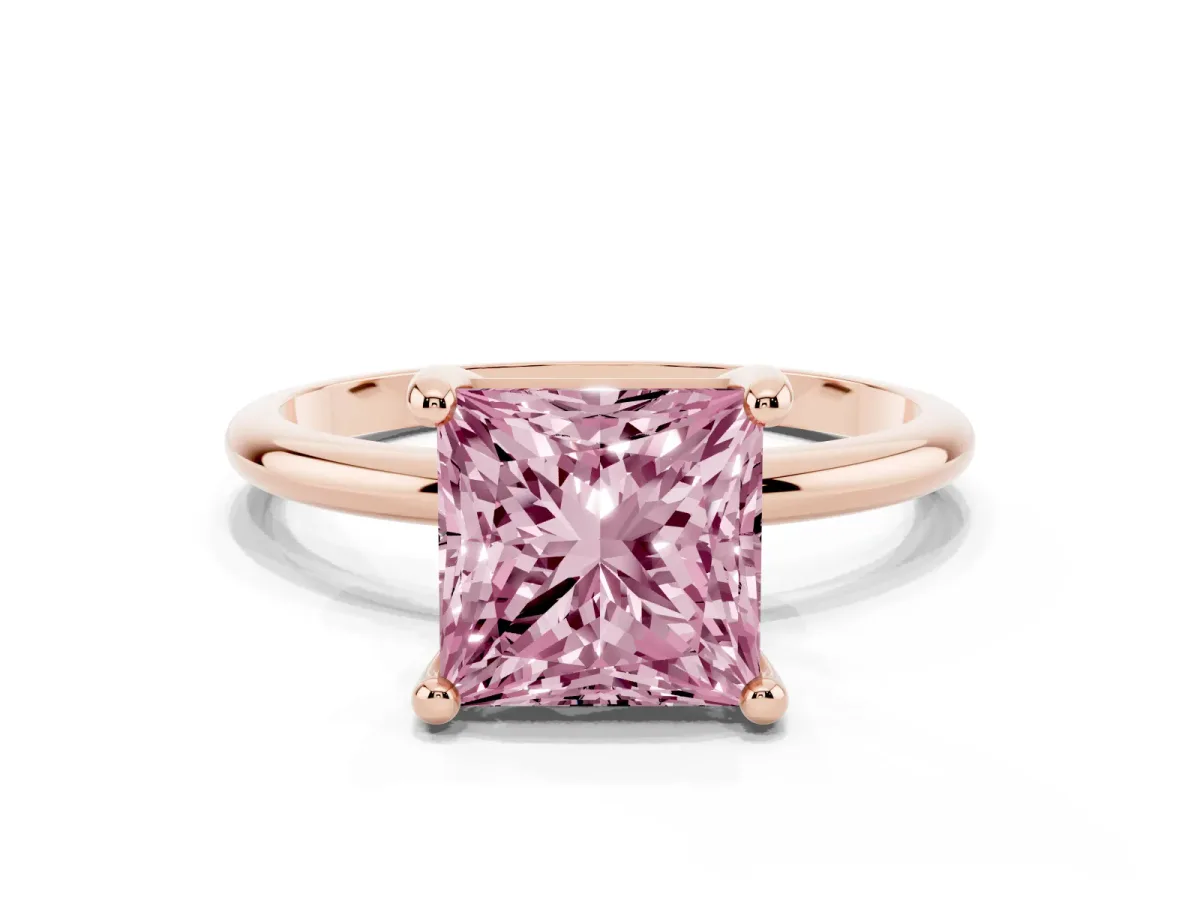 Fancy Pink Princess Cut Solitaire Diamond Ring with 4-Prong Setting on a Classic Band Rose gold