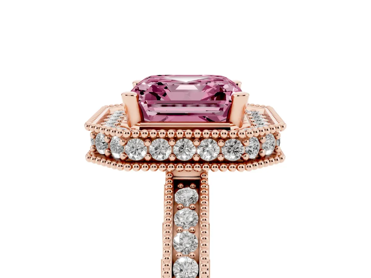 Fancy Pink Asscher Cut Diamond Milgrain Halo Engagement Ring with Round Pavé Band and Prong Setting Rose gold