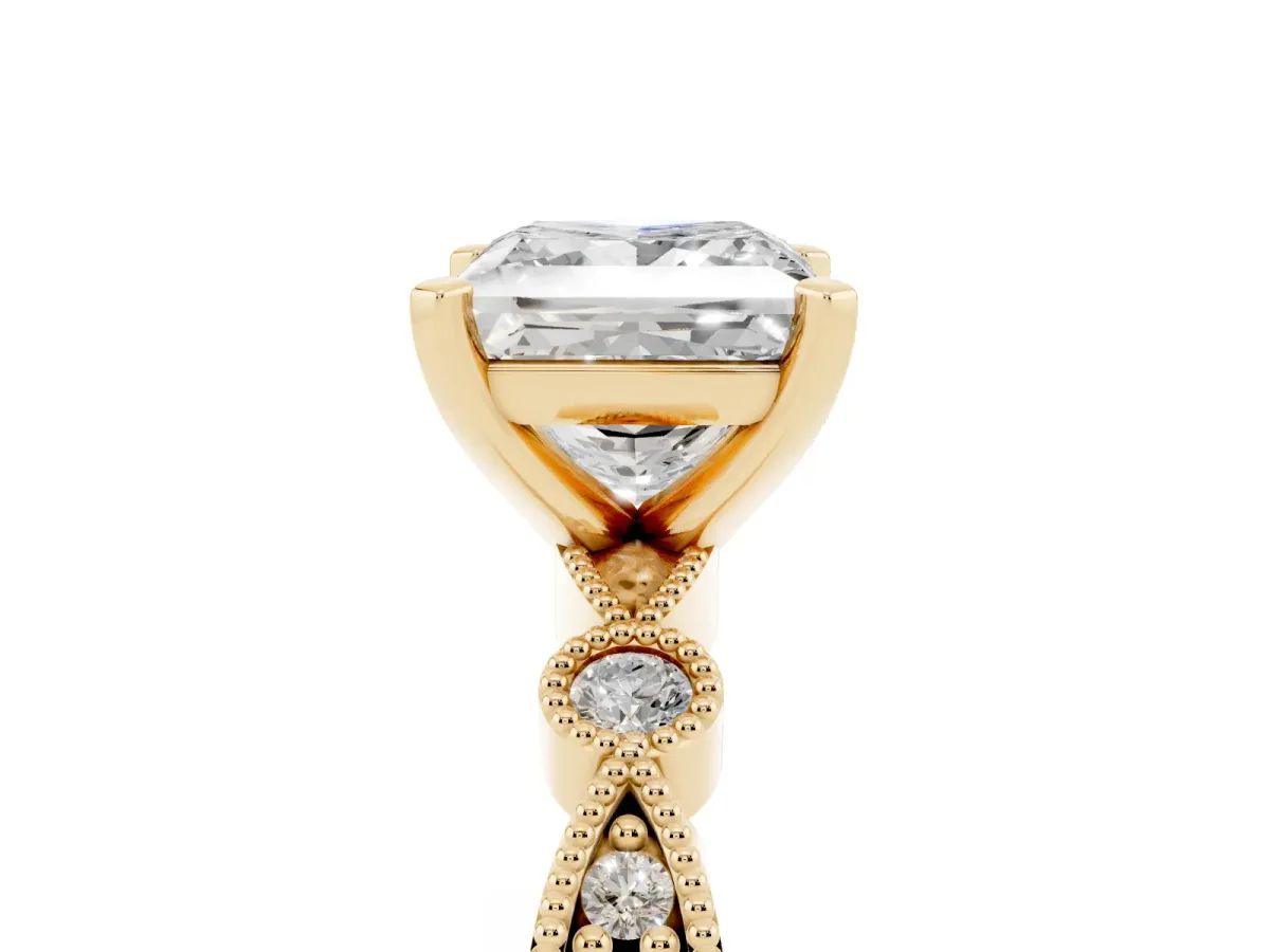 Princess Cut Milgrain Bezel Diamond Engagement Ring with Solitaire Prong Setting Yellow gold