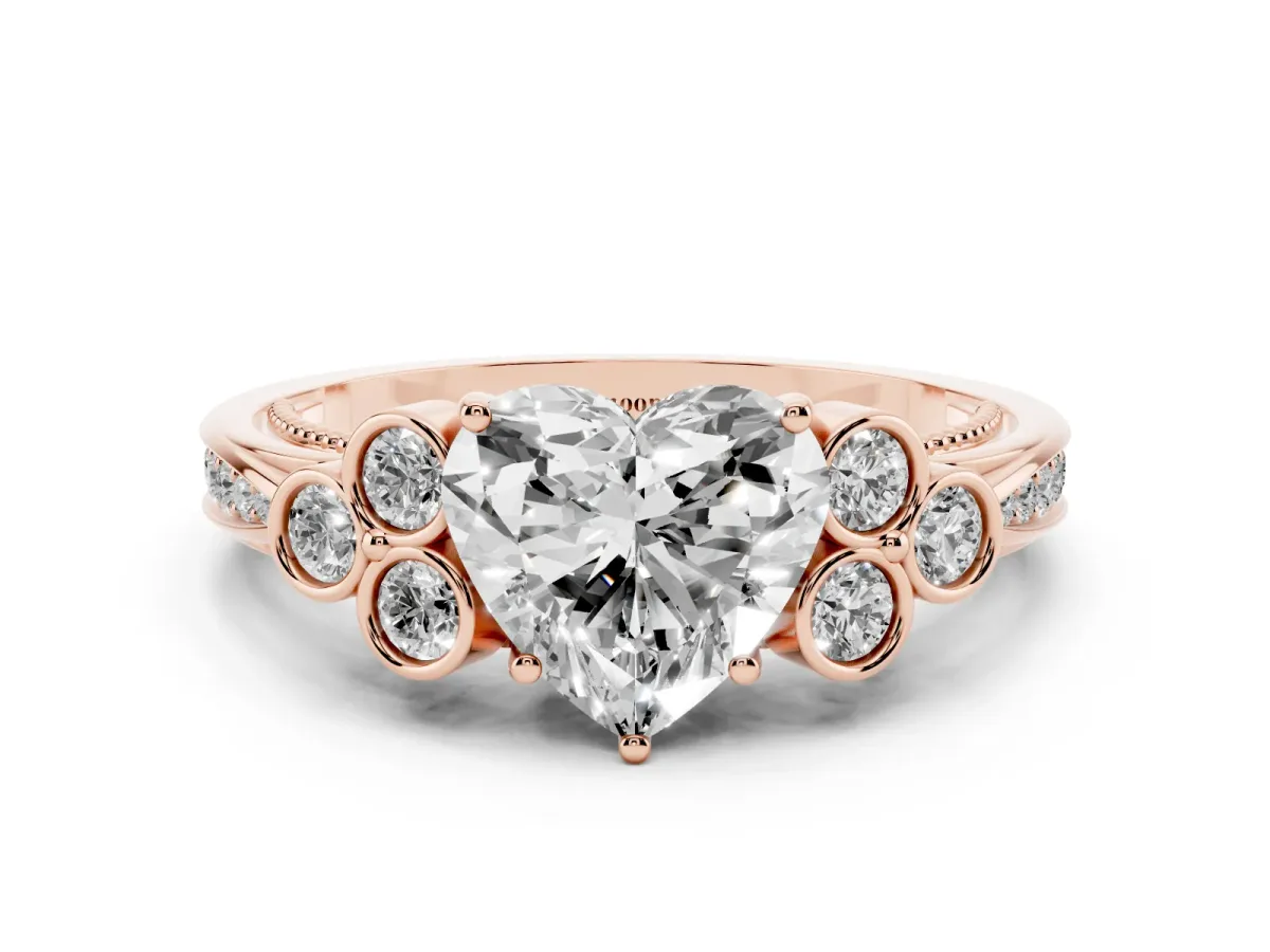 Heart Cut Cut Diamond Engagement Ring with Bezel Set Round Side Stones and Prong Setting Rose gold