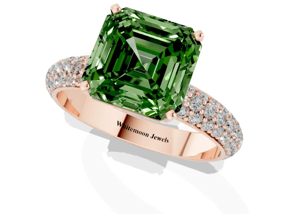 Fancy Green Asscher Cut Diamond Solitaire Ring with Prong Setting and Pavé Band Rose gold