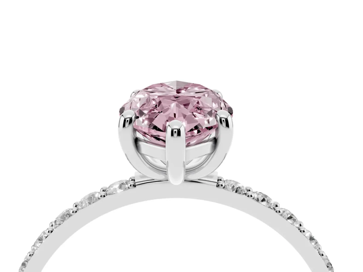Fancy Pink Marquise Cut Diamond Solitaire Ring with Round Pavé Band and Prong Setting Silver