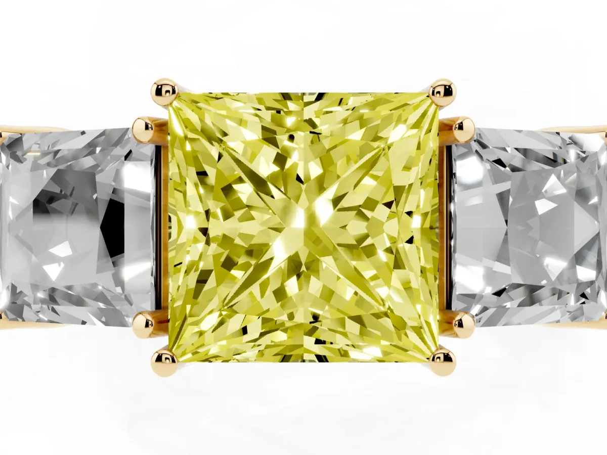 Fancy Yellow Three-Stone Princess Cut Cut Milgrain Pavé Engagement Ring Yellow gold
