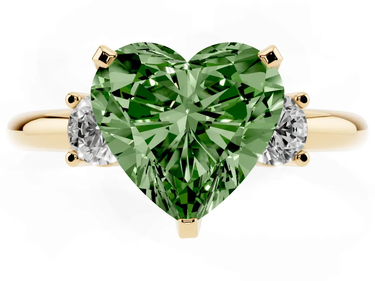 Fancy Green Three-Stone Heart Cut Cut Diamond Solitaire with Prong Setting and Classic Band Yellow gold