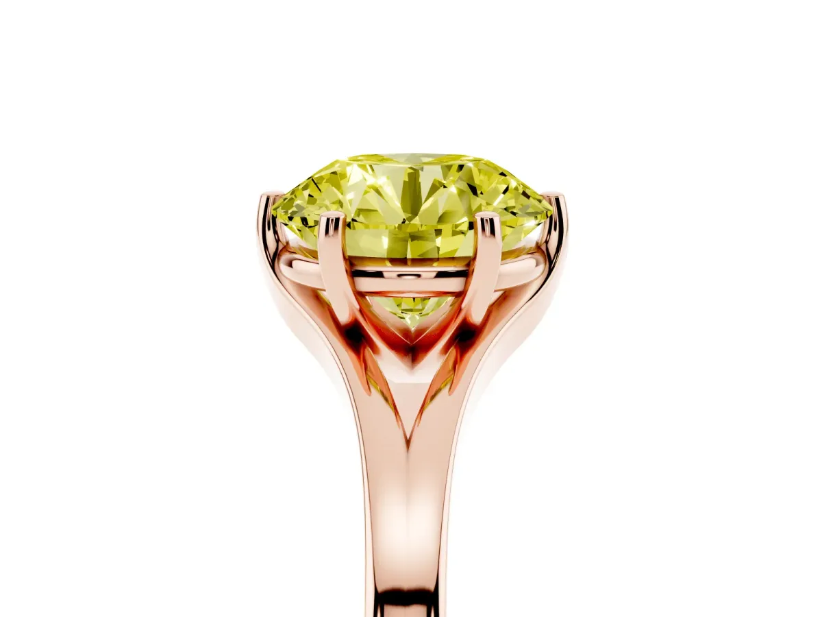 Fancy Yellow Round Cut Solitaire Diamond Ring with Six-Prong Setting and Tapered Band Rose gold