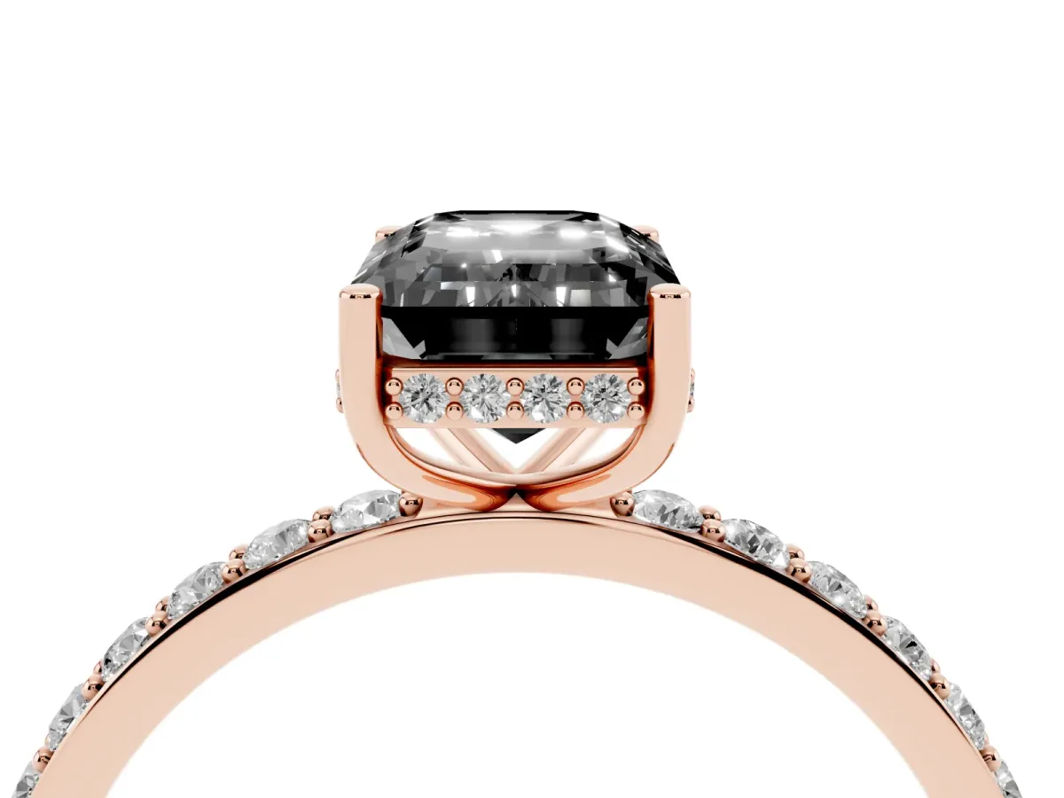 Fancy Black Emerald Cut Diamond Solitaire Ring with Pavé Band and Hidden Halo Rose gold
