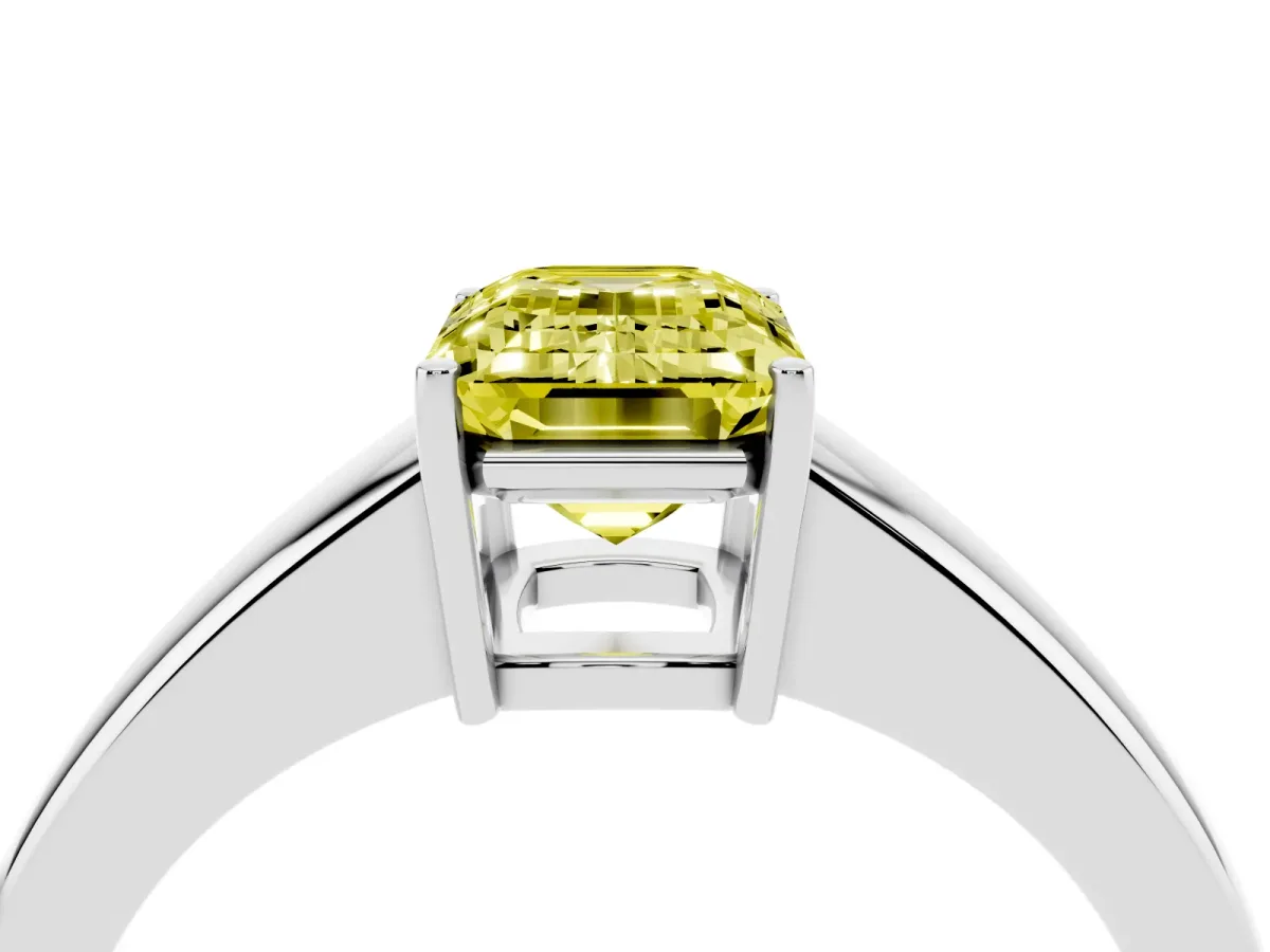 Fancy Yellow Emerald Cut Solitaire Diamond Ring with Tapered Band and Four-Prong Setting Silver