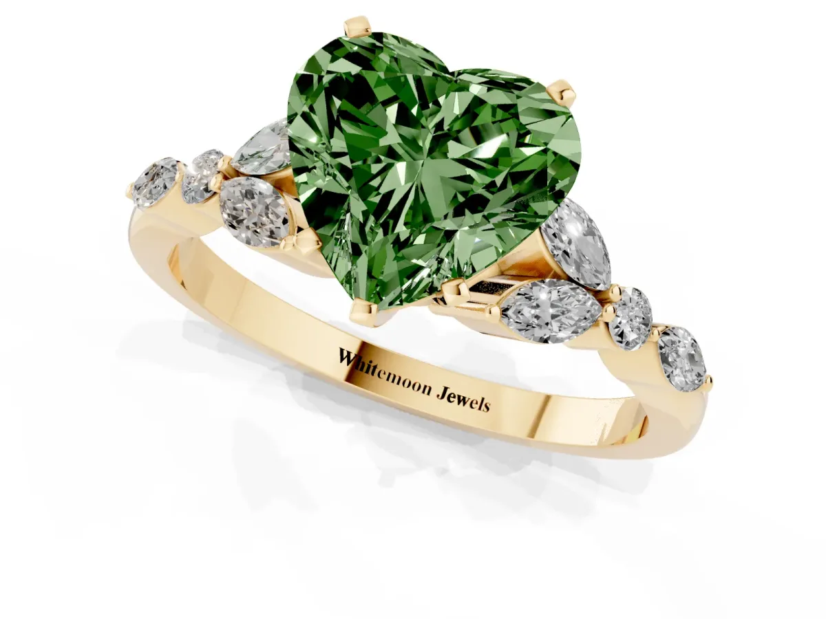 Fancy Green Heart Cut Diamond Solitaire Ring with Side Stones and Four-Prong Setting Yellow gold