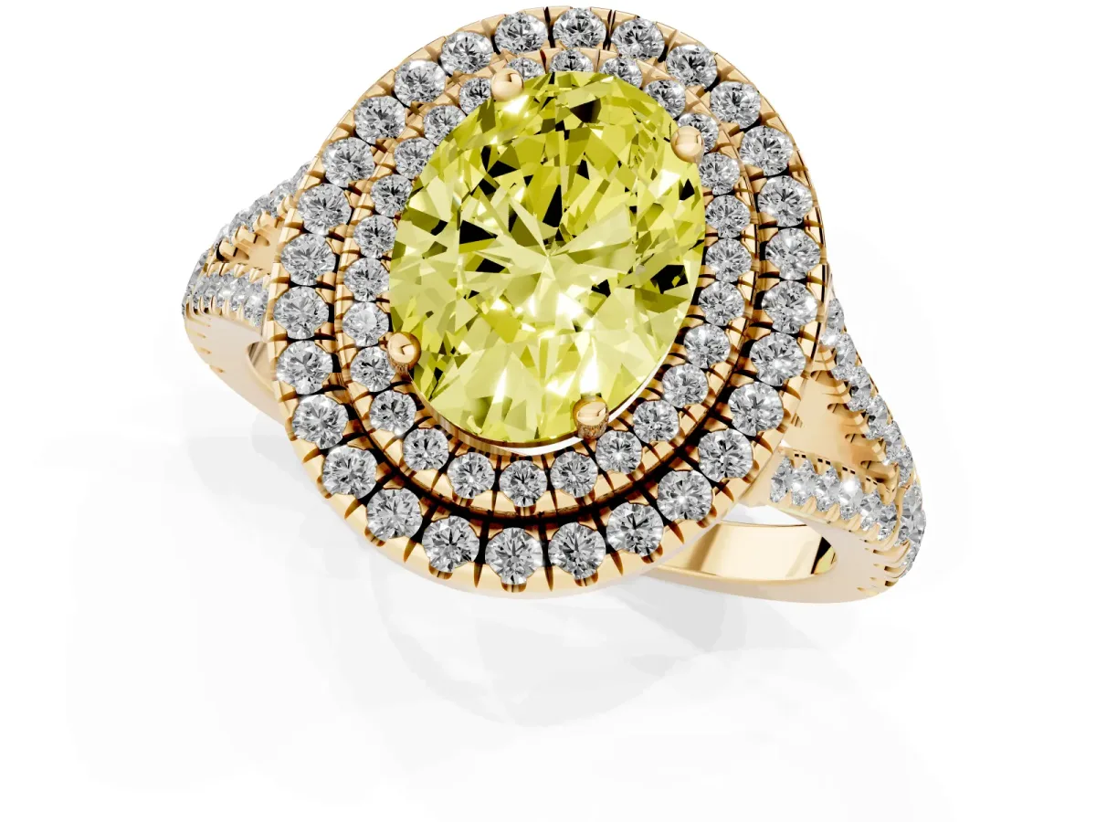 Fancy Yellow Oval Cut Diamond Double Halo Ring with Pavé Band and Prong Setting Yellow gold