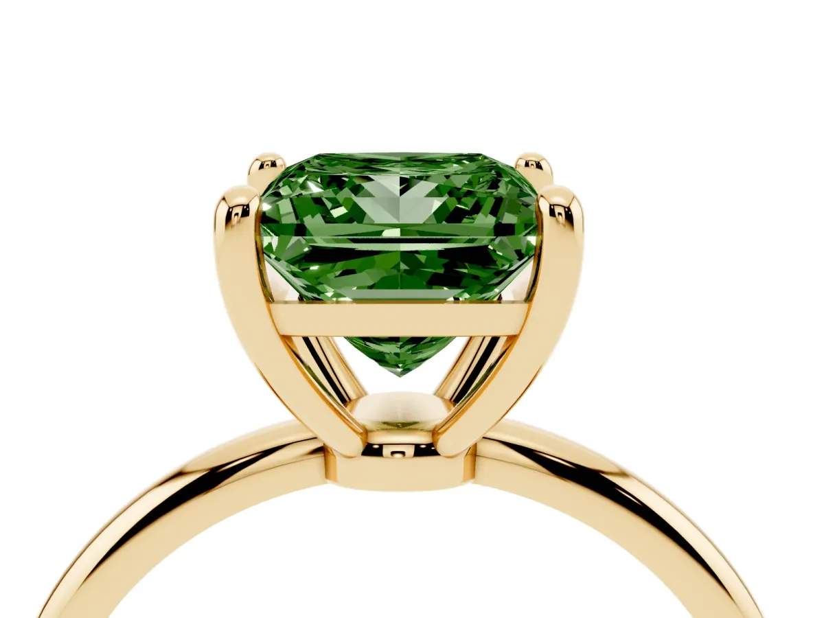 Fancy Green Princess Cut Solitaire Diamond Ring with 4-Prong Setting on a Classic Band Yellow gold