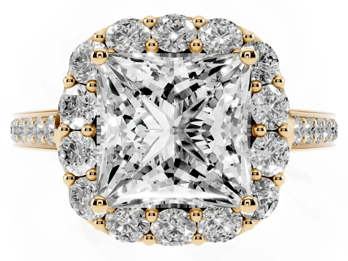 Princess Cut Diamond Floral Halo Ring with Pavé Band and Prong Setting Yellow gold
