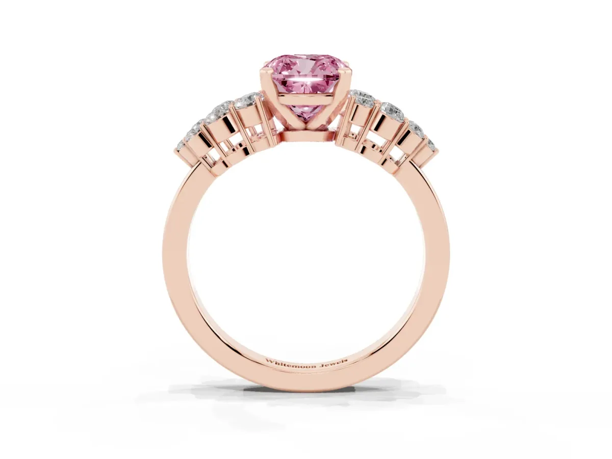 Fancy Pink Cushion Cut Cluster Diamond Engagement Ring with Pavé Band and Four-Prong Setting Rose gold