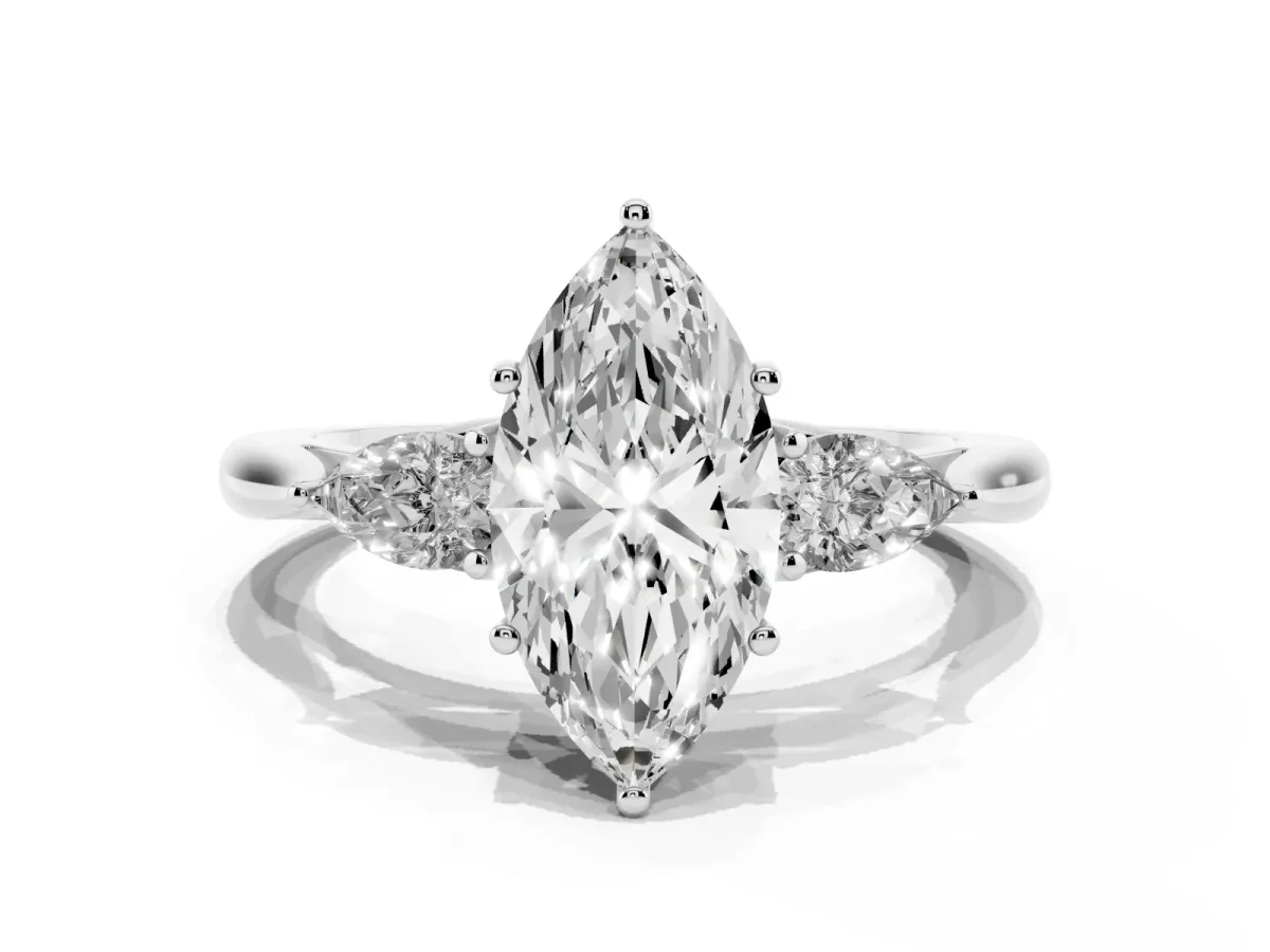 Three-Stone Marquise Cut Brilliant Diamond Solitaire Ring with Tapered Band and Four-Prong Setting White gold