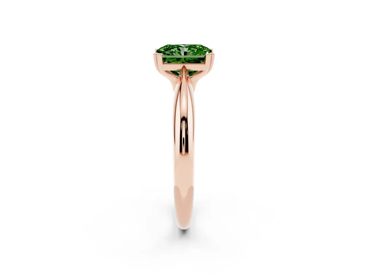 Fancy Green Radiant Cut Cut Solitaire Engagement Ring with Tapered Band and Four-Prong Setting Rose gold