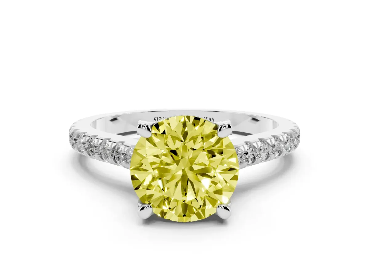 Fancy Yellow Round Cut Brilliant Diamond Solitaire with Pavé Band and Four-Prong Setting White gold