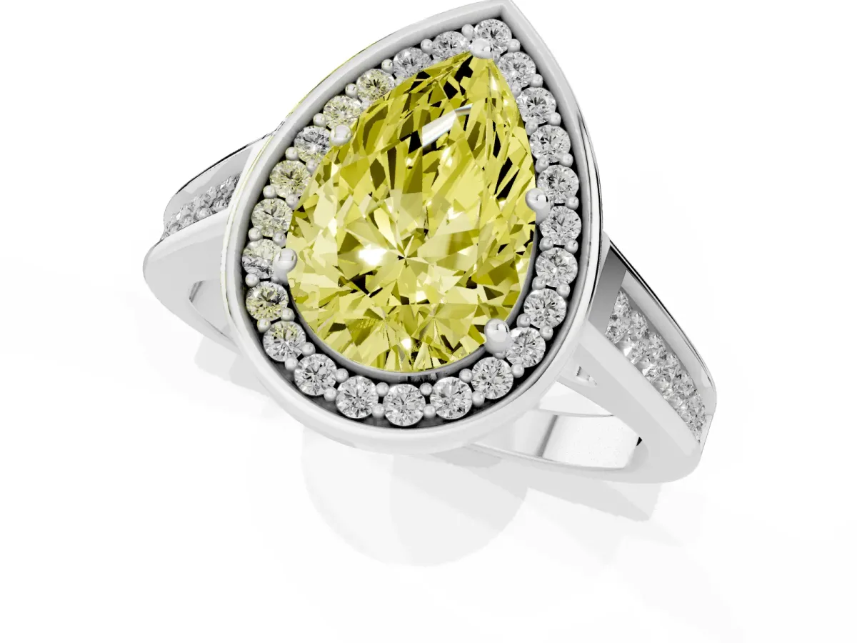 Fancy Yellow Pear Cut Halo Solitaire Diamond Ring with Pave Band and Bezel Setting Platinum