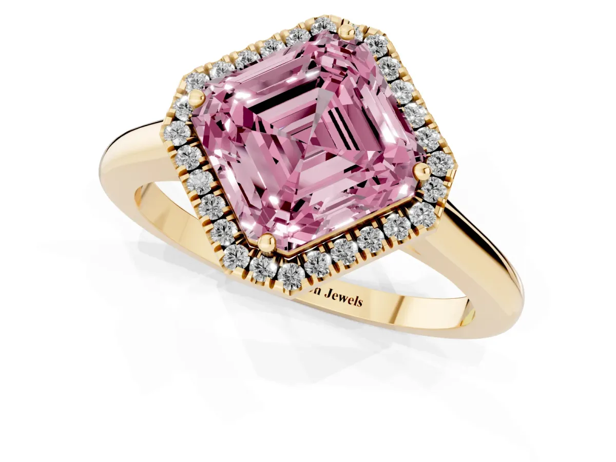 Fancy Pink Asscher Cut Halo Round Diamond Solitaire Engagement Ring with Pave Band and Four-Prong Setting Yellow gold