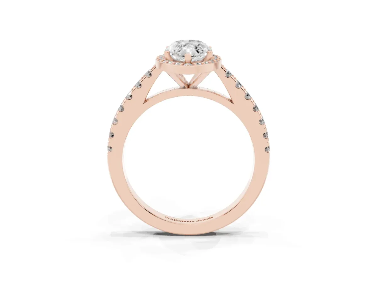 Marquise Cut Cut Halo Diamond Engagement Ring with Pave Band and Four-Prong Setting Rose gold