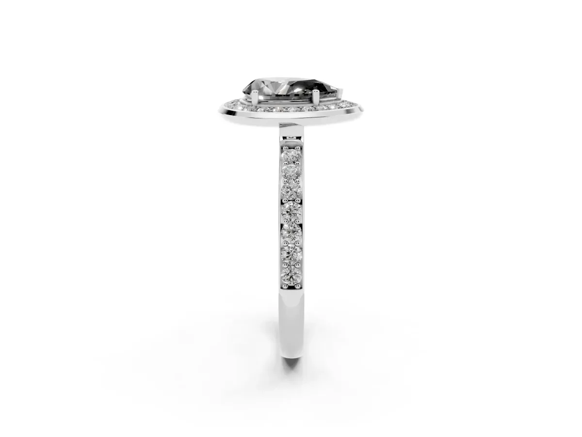 Fancy Black Pear Cut Diamond Halo Ring with Bezel Frame and Pavé Band Silver