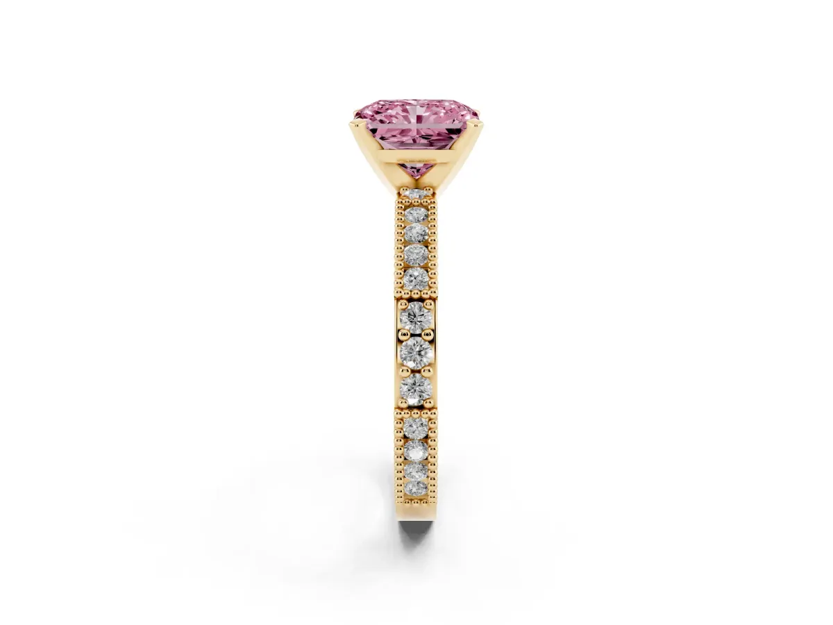 Fancy Pink Radiant Cut Solitaire with Pavé Band and Four-Prong Setting Yellow gold