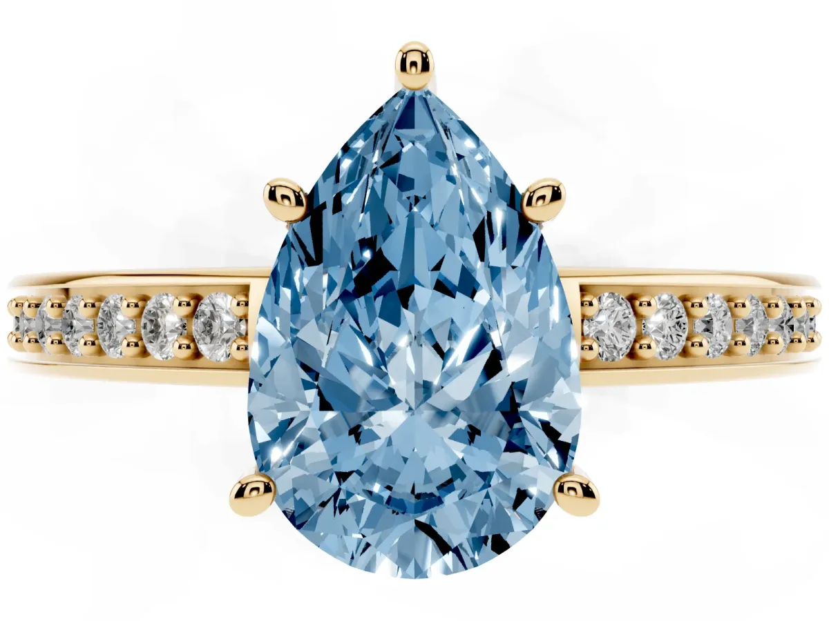 Fancy Blue Pear Cut Solitaire Pavé Band Prong Setting Ring Yellow gold