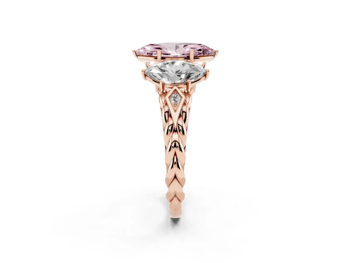 Fancy Pink Three-Stone Marquise Cut Diamond Braided Band Ring with Four-Prong Setting Rose gold
