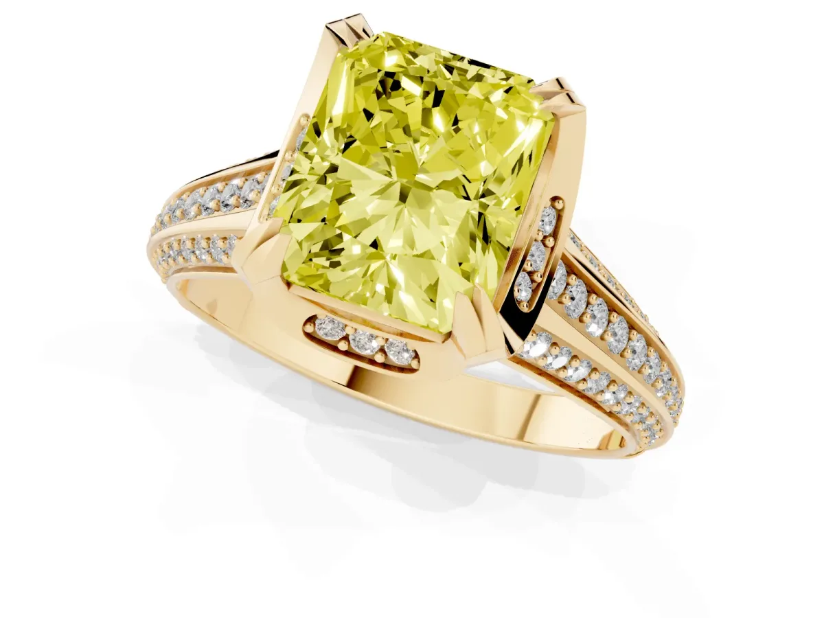 Fancy Yellow Radiant Cut Solitaire Pave Split Shank Ring with Four-Prong Setting Yellow gold