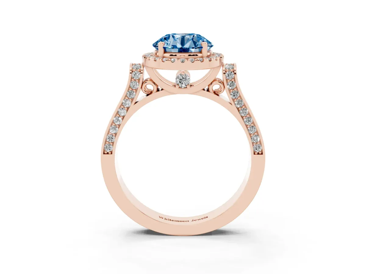 Fancy Blue Round Cut Halo Round Diamond Twist Band with Four-Prong Setting Rose gold