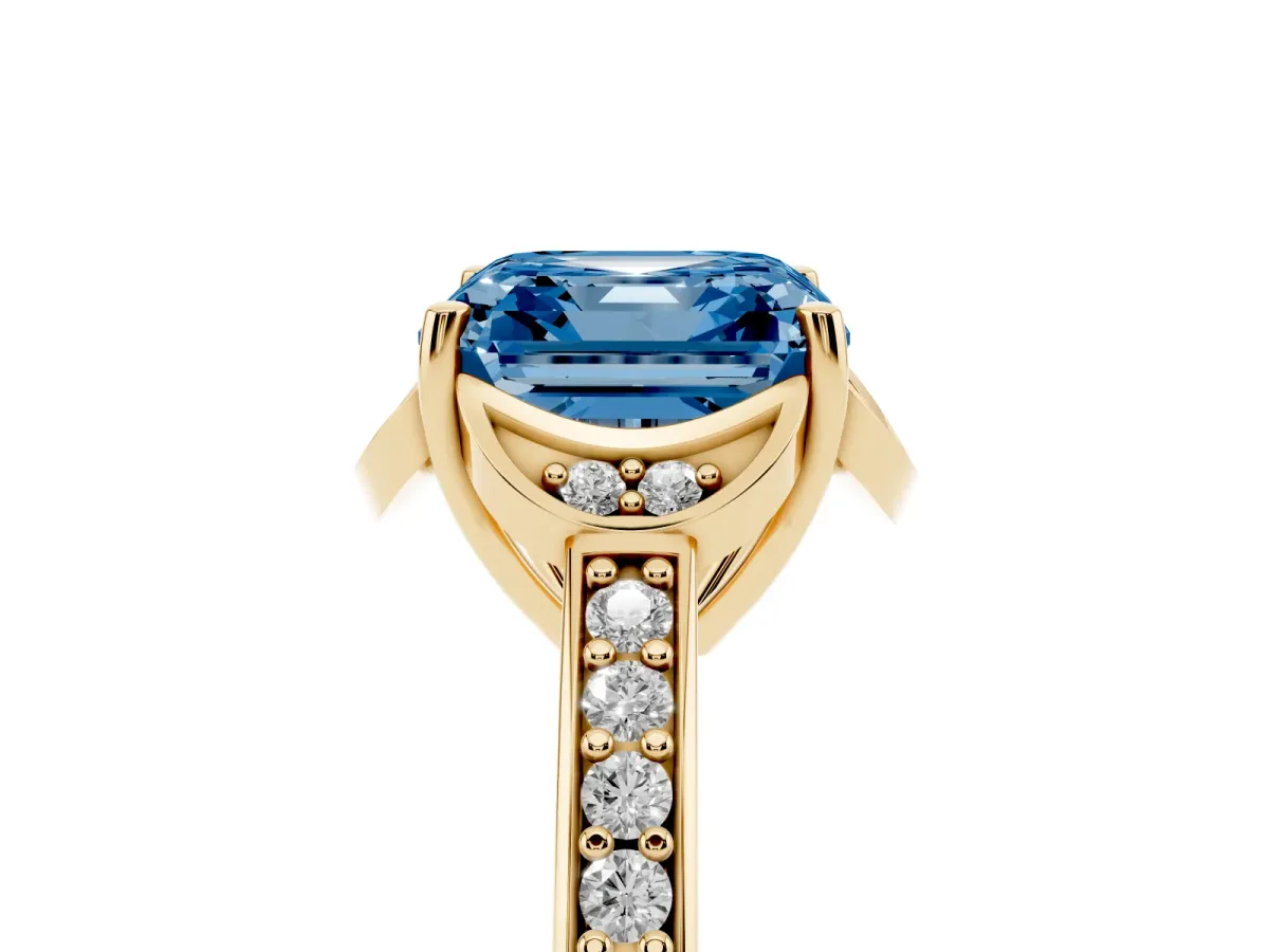 Fancy Blue Asscher Cut Cut Halo Diamond Ring with Channel Set Band and Four-Prong Setting Yellow gold