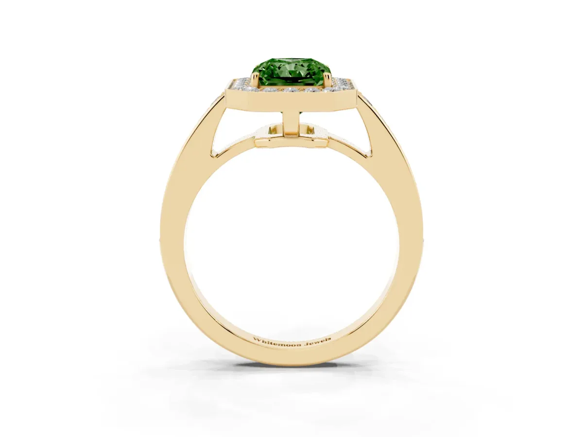 Fancy Green Radiant Cut Halo Pavé Diamond Engagement Ring with Bezel Setting Yellow gold