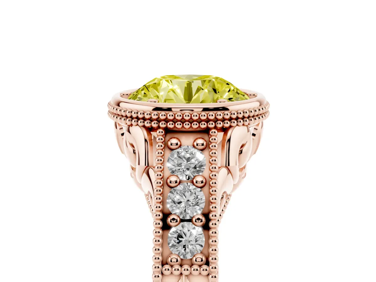 Fancy Yellow Bezel Set Round Cut Diamond Milgrain Pave Engagement Ring Rose gold