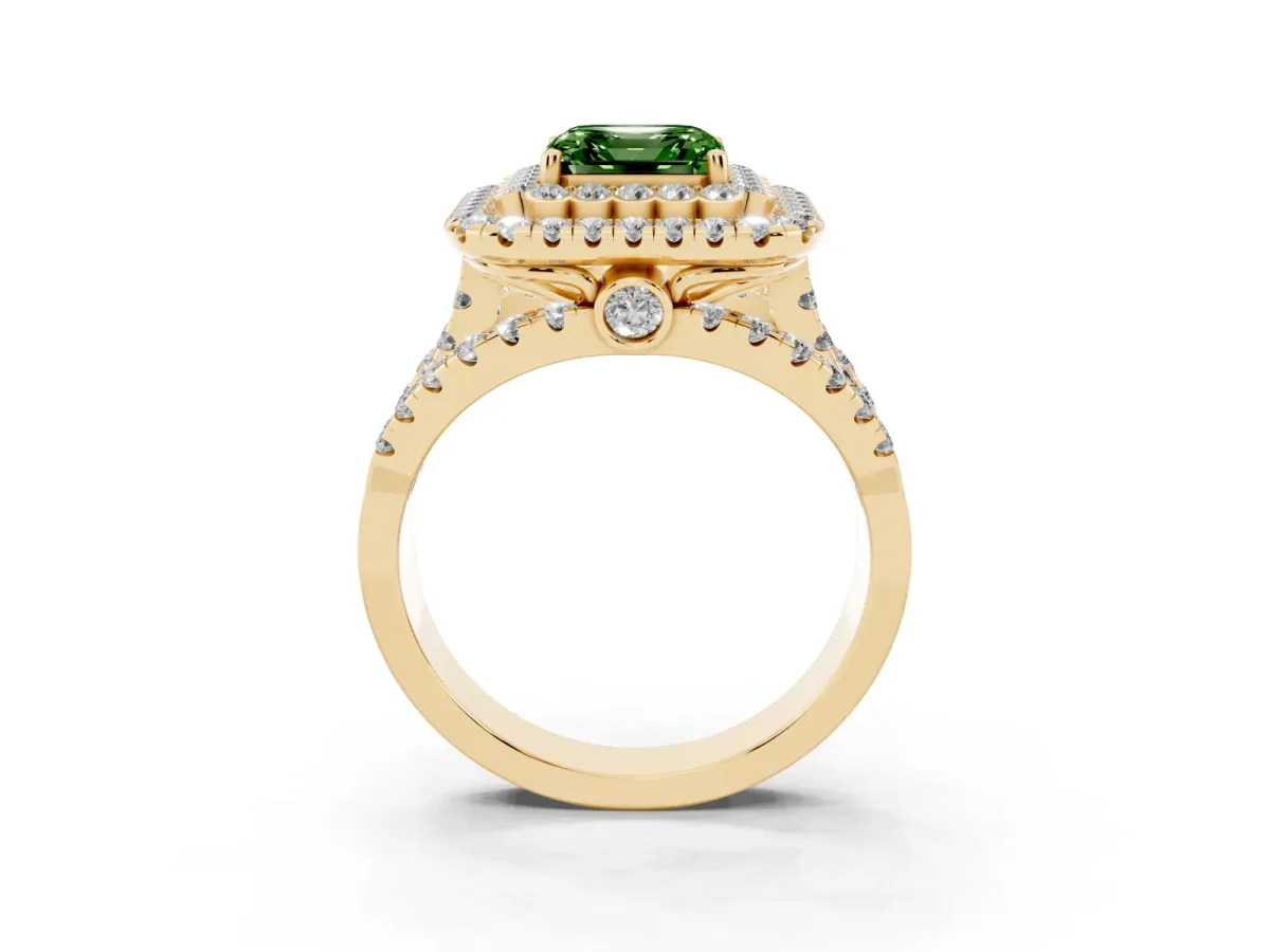 Fancy Green Asscher Cut Diamond Double Halo Ring with Round Pavé Split Shank and Prong Setting Yellow gold