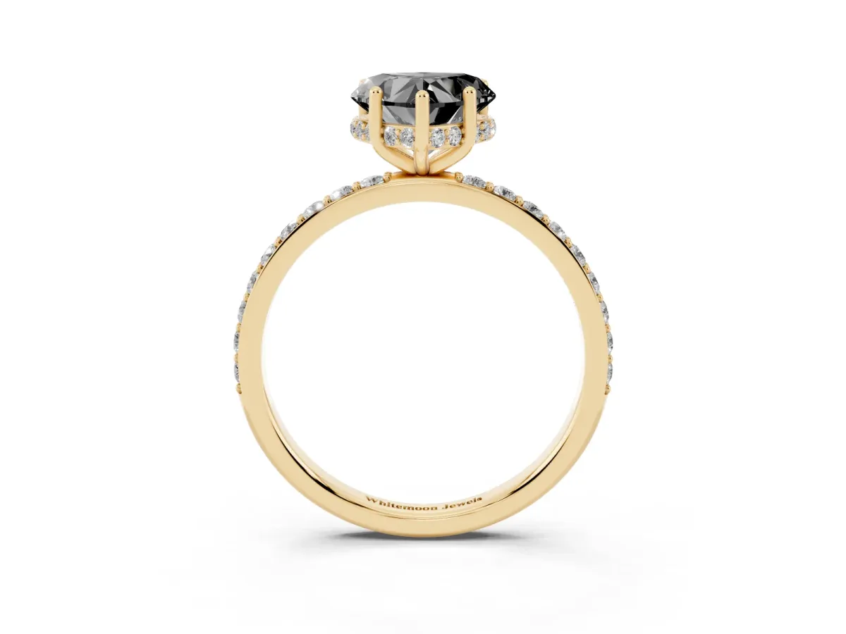 Fancy Black Heart Cut Diamond Solitaire Ring with Pavé Band and Hidden Halo Yellow gold