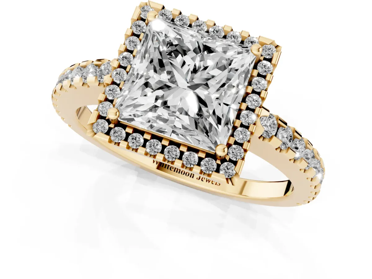 Princess Cut Diamond Halo Engagement Ring with Pavé Band and Prong Setting Yellow gold