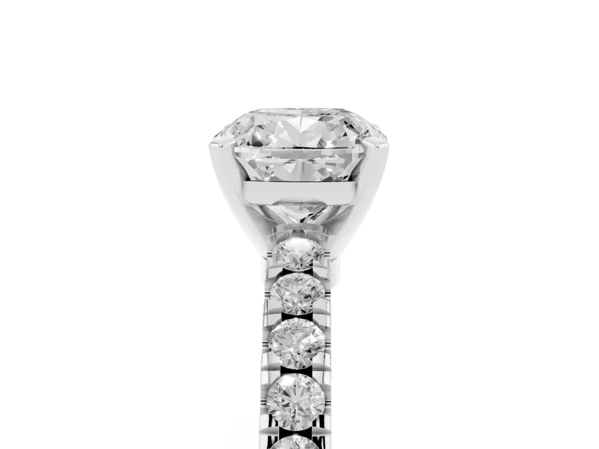 Cushion Cut Solitaire Diamond with Pavé Band and Four-Prong Setting Silver