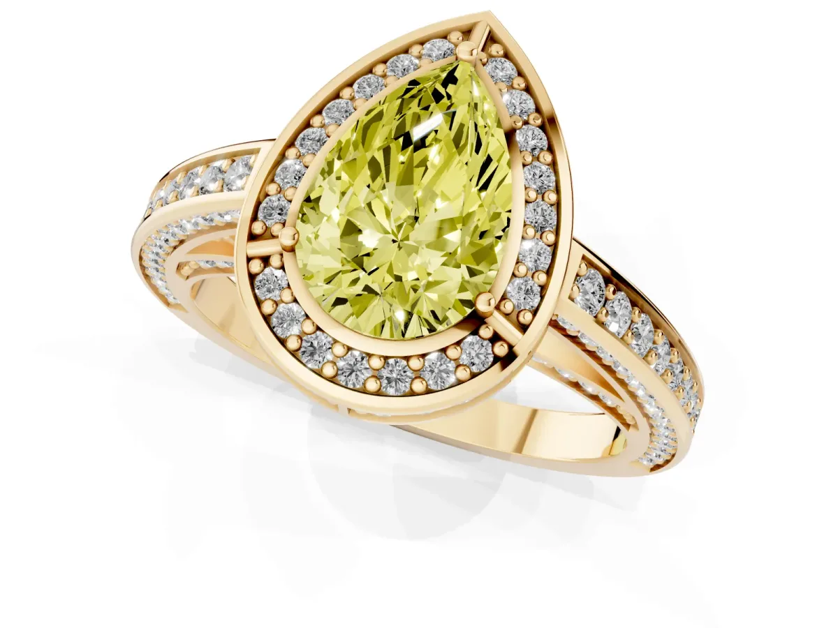 Fancy Yellow Pear Cut Cut Halo Pave Split Shank Prong Setting Ring Yellow gold