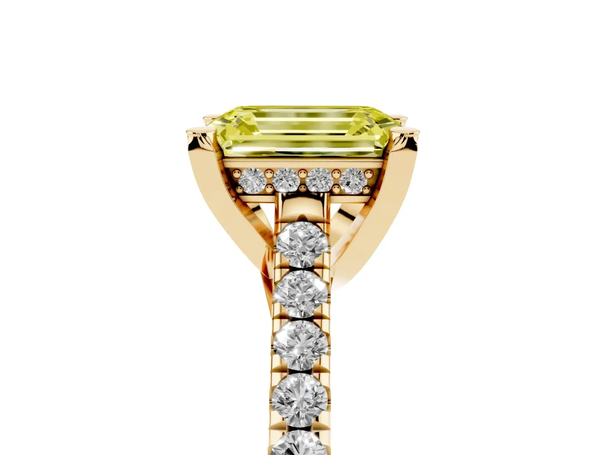 Fancy Yellow Emerald Cut Brilliant Diamond Solitaire with Pavé Band and Four-Prong Setting Yellow gold