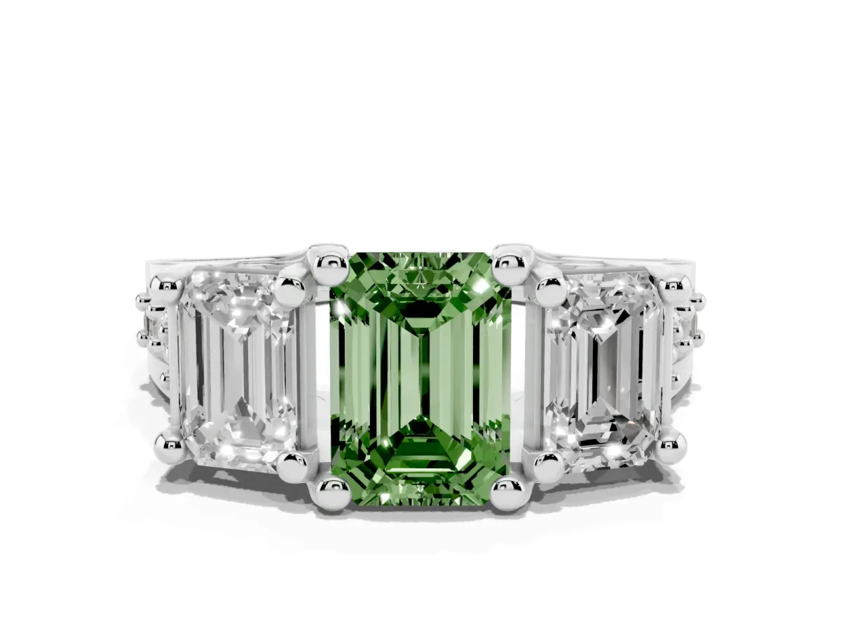 Fancy Green Emerald Cut Diamond Three-Stone Ring with Channel Set Band and Four-Prong Setting Platinum